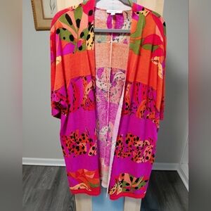 Chico's Pink Orange Vibrant Floral Cotton Open Cardigan Lightweight Comfy Sun